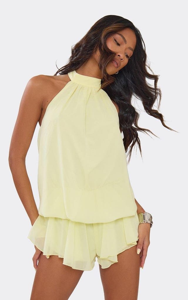 EGO High Neck Blouson Floaty Playsuit In Lemon, Women's Size UK 6 - 2