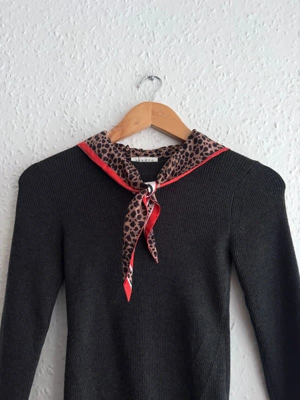 Sandro Sandro Black Ribbed Wool Knit Top with Leopard-Print Silk Scarf Collar - size 1