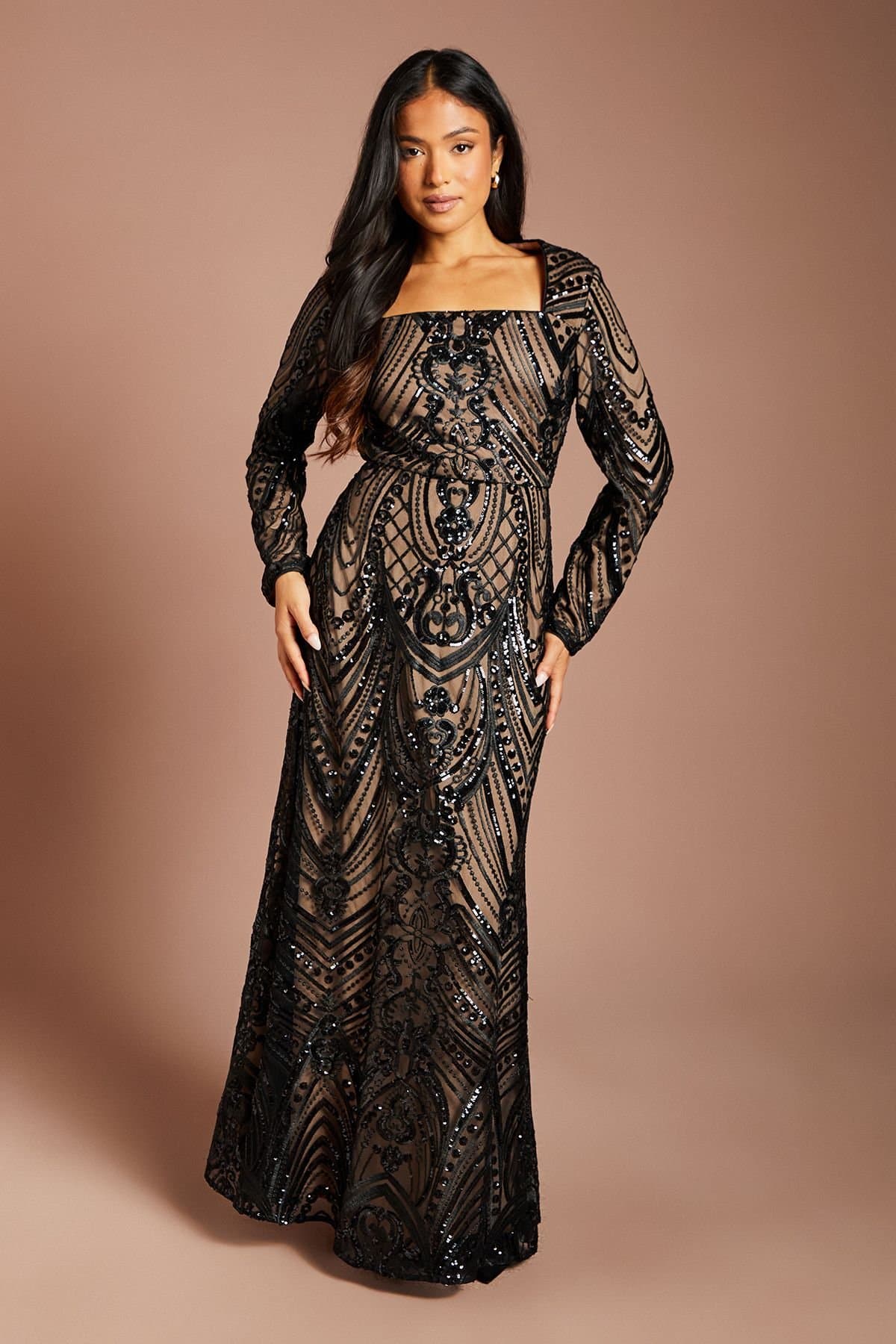 Coast Coast Women's Petite Square Neck Long Sleeve Sequin Detail Maxi Dress in Black