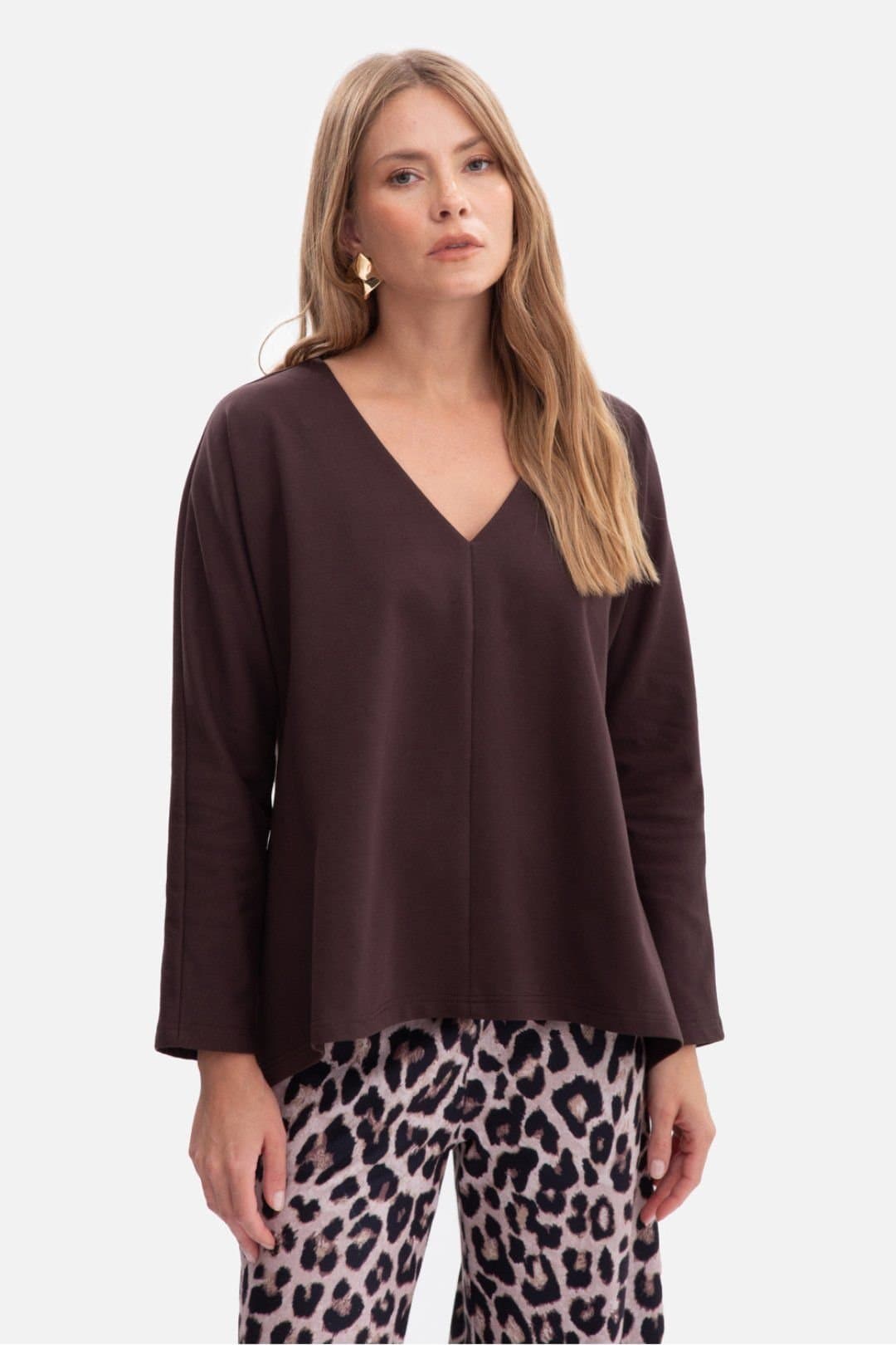 Love Lace Love Lace Women's Loose Fit Sweatshirt Blouse V Neck in Brown
