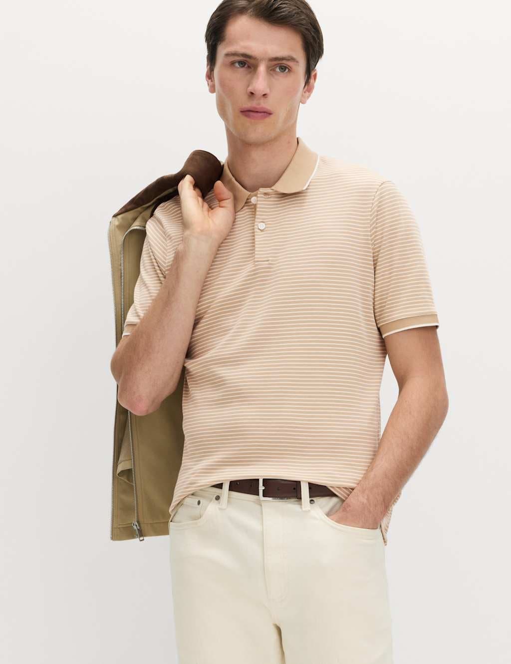 Marks & Spencer M&S Pure Cotton Striped Polo Shirt Sand