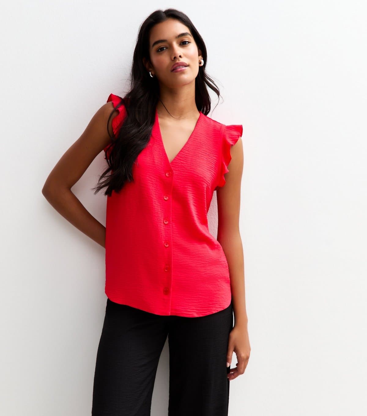 New Look Women's Red Ruffle Trim Button Up Top New Look