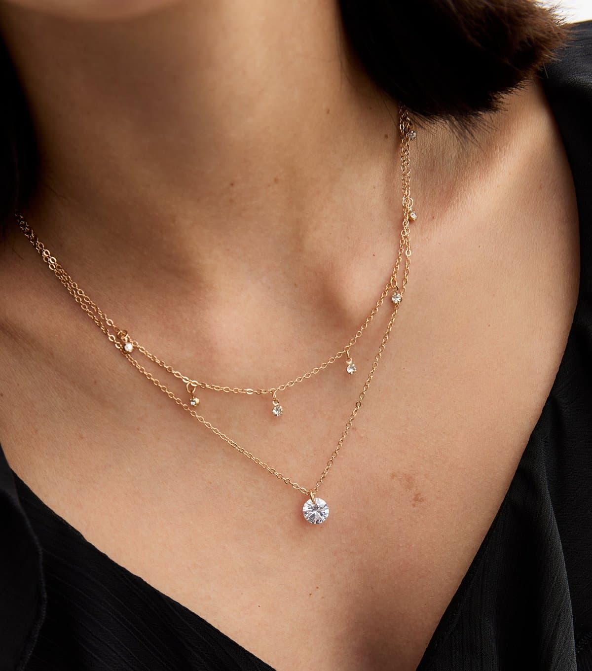 New Look Gold Tone Double Chain Cubic Zirconia Charm Necklace New Look