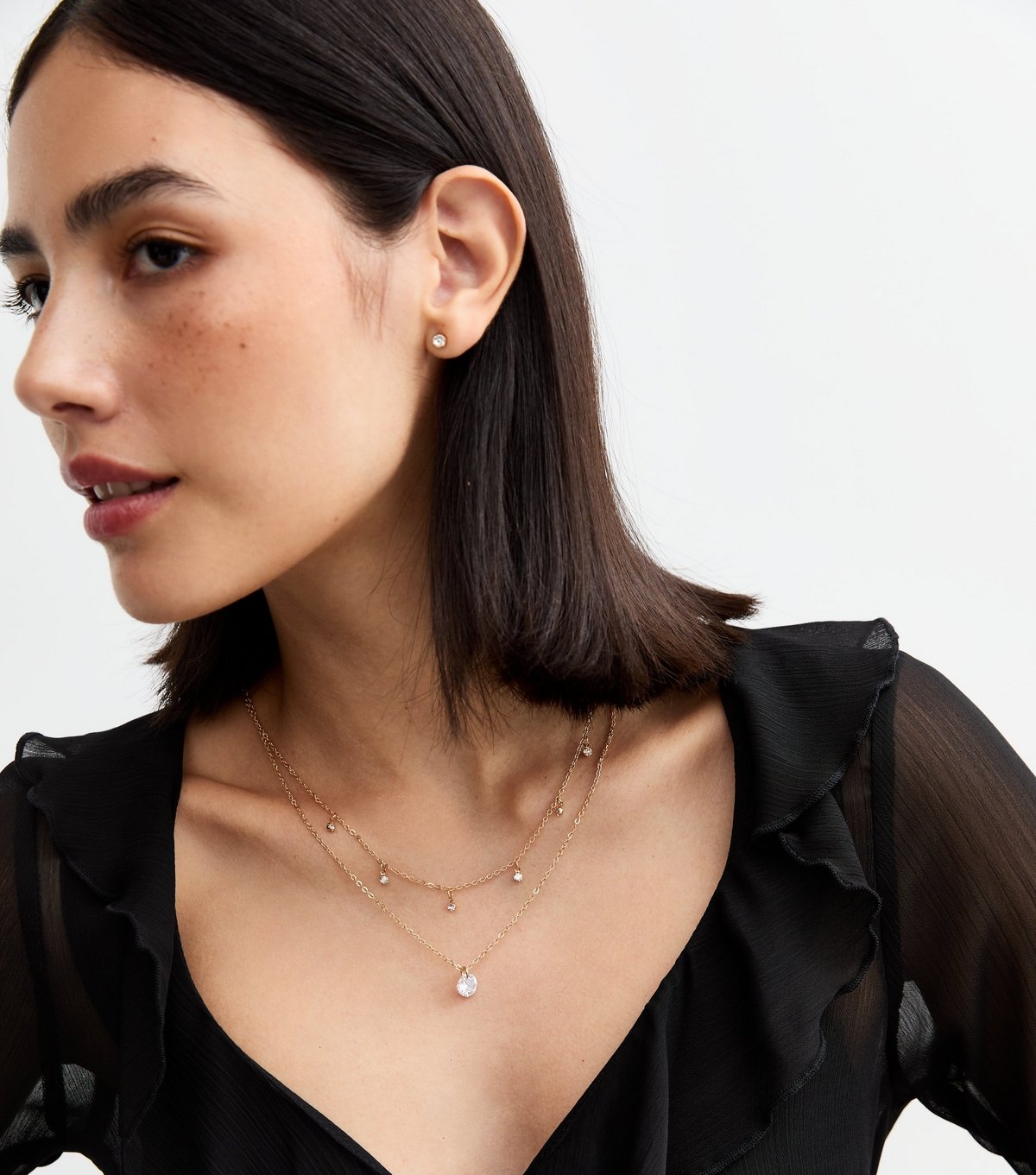 New Look Gold Tone Double Chain Cubic Zirconia Charm Necklace New Look - 2