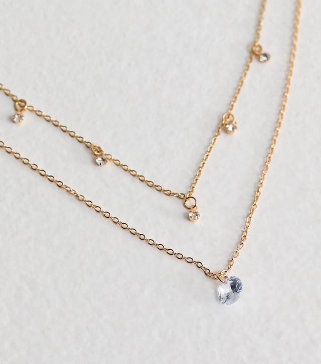 New Look Gold Tone Double Chain Cubic Zirconia Charm Necklace New Look - 3