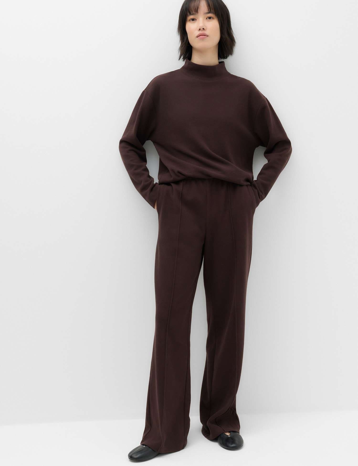 Marks & Spencer M&S Cotton Rich Pintuck Wide Leg Trousers Bitter Chocolate
