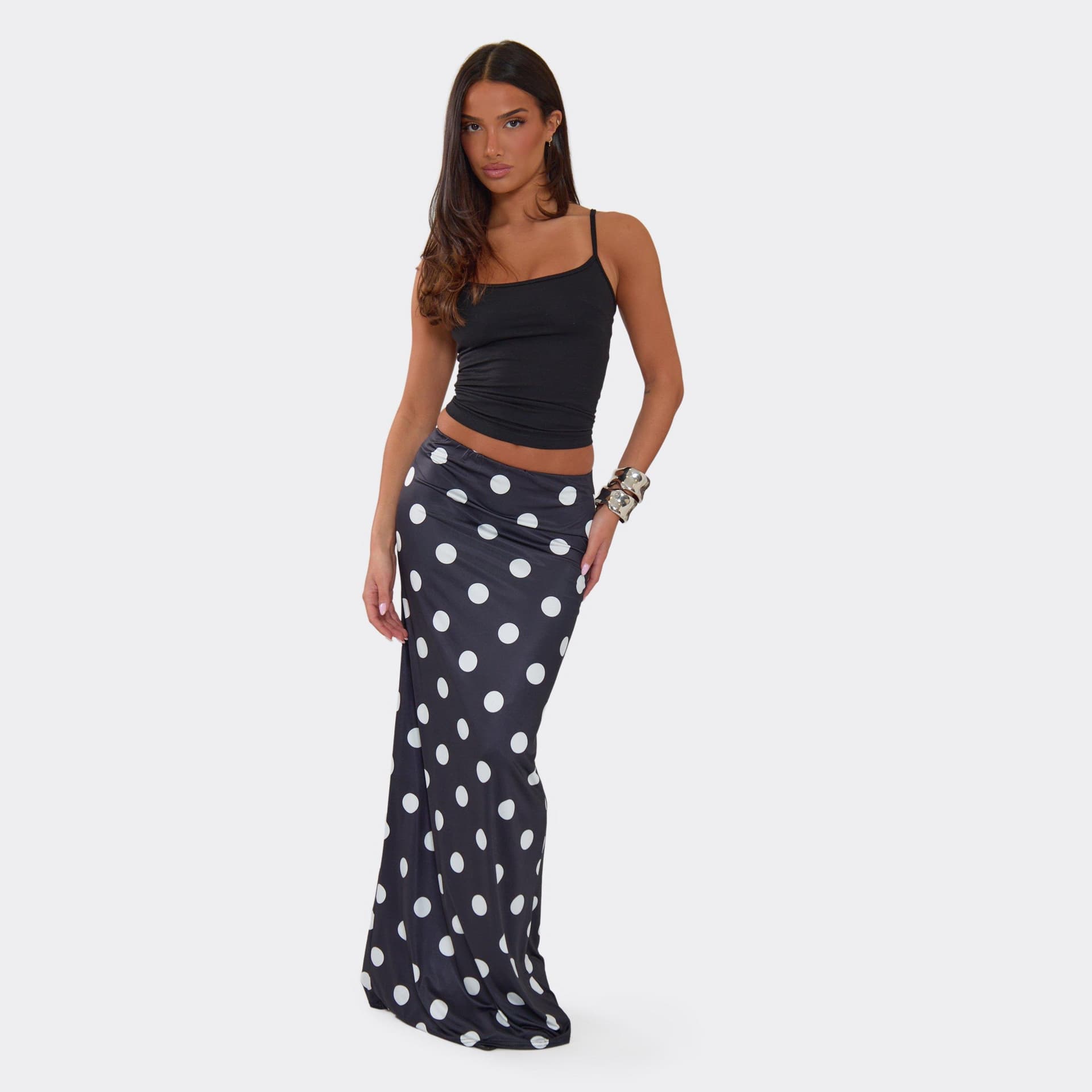 EGO Low Rise Maxi Skirt In Black And White Polka Dot, Women's Size UK 4