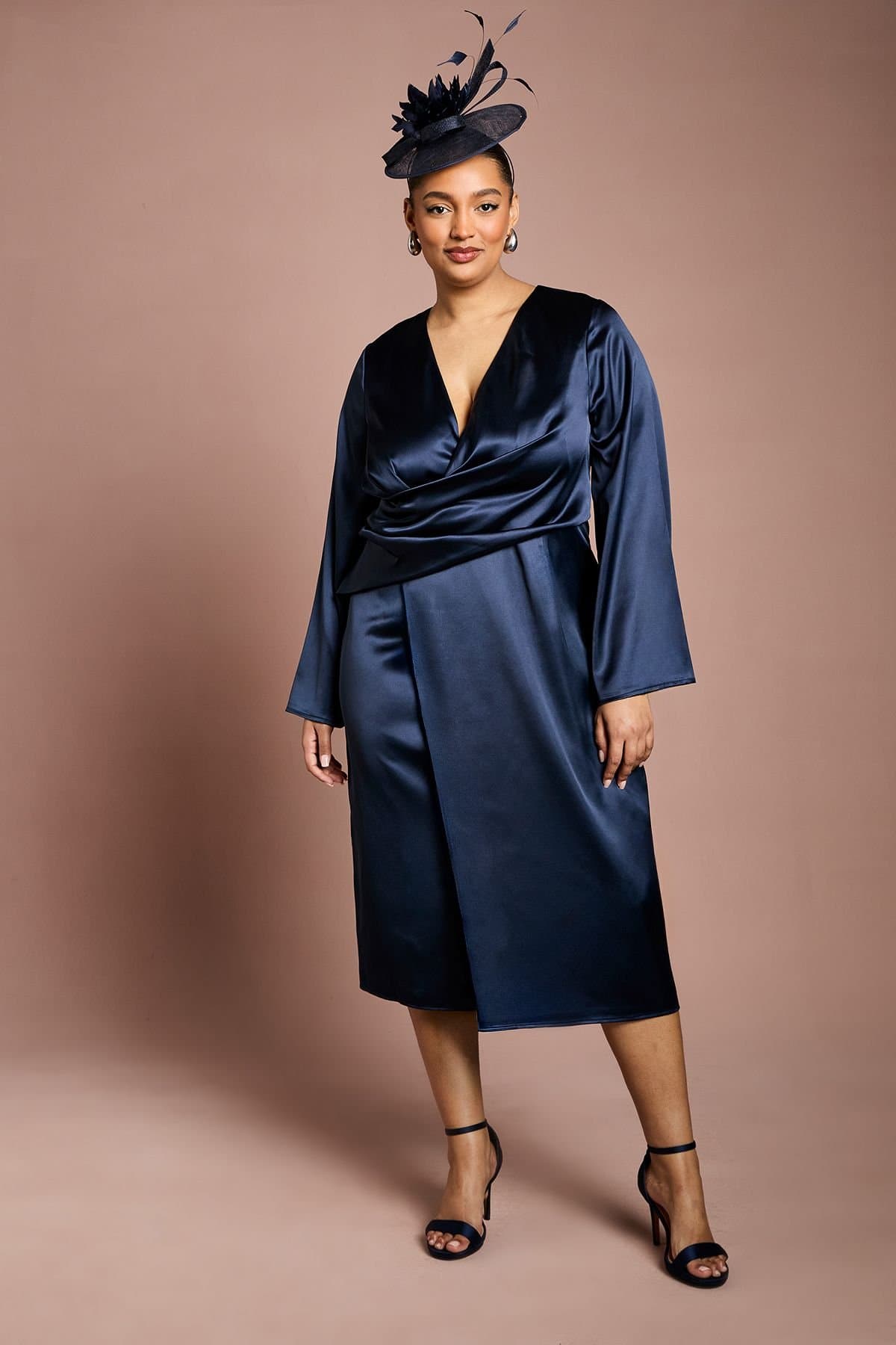 Coast Coast Women's Plus Satin Wrap Front Dress With Flare Sleeve in Navy