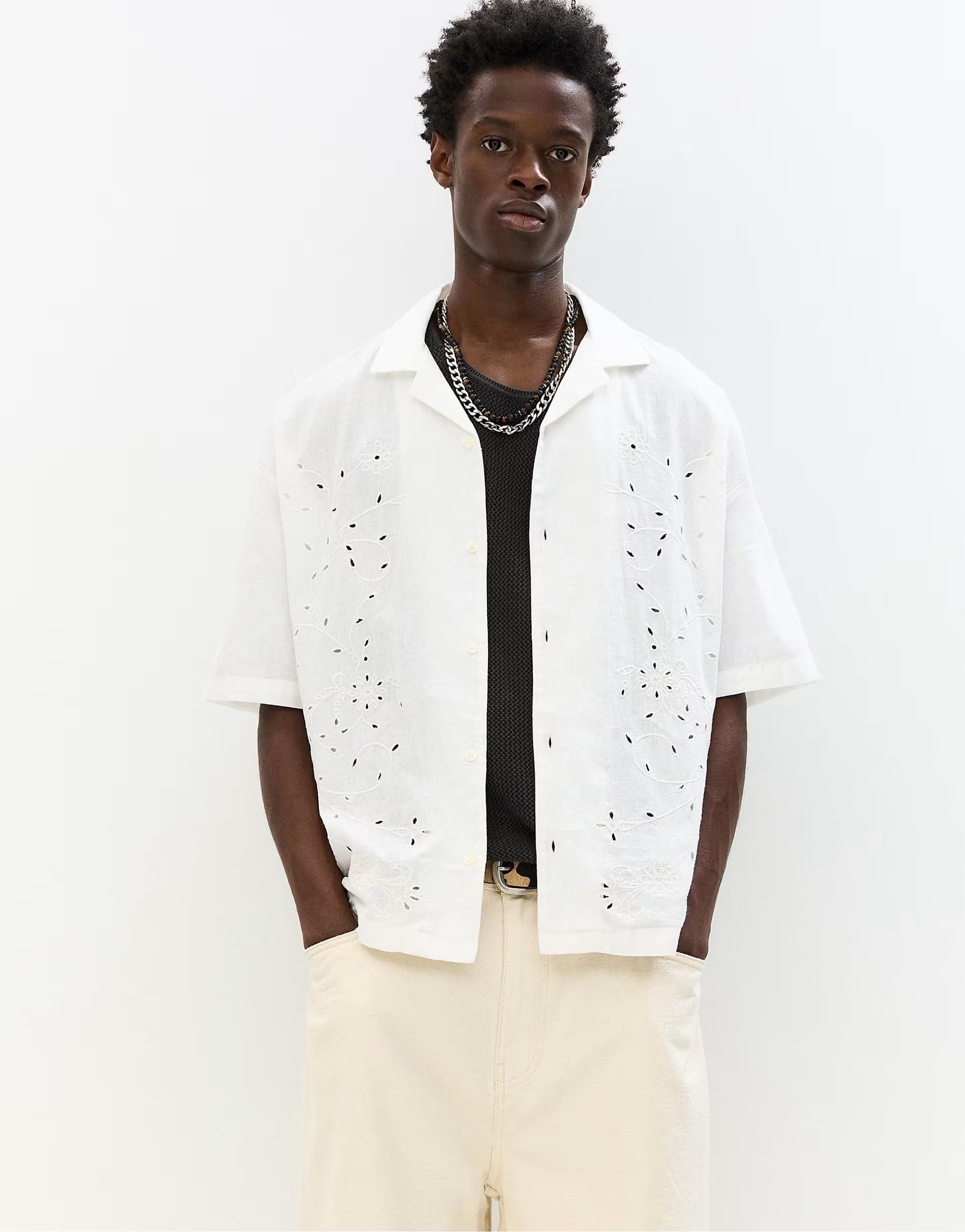 ASOS Pull&Bear shirt with embroidered flowers in off white