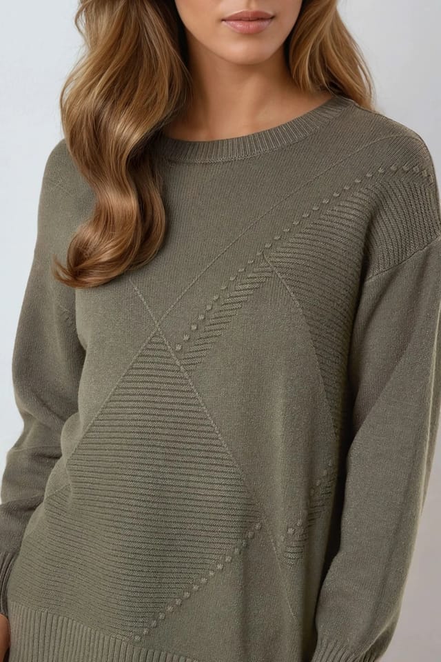 Aftershock London Aftershock London Women's Geometric Knitted Jumper in Khaki - 2