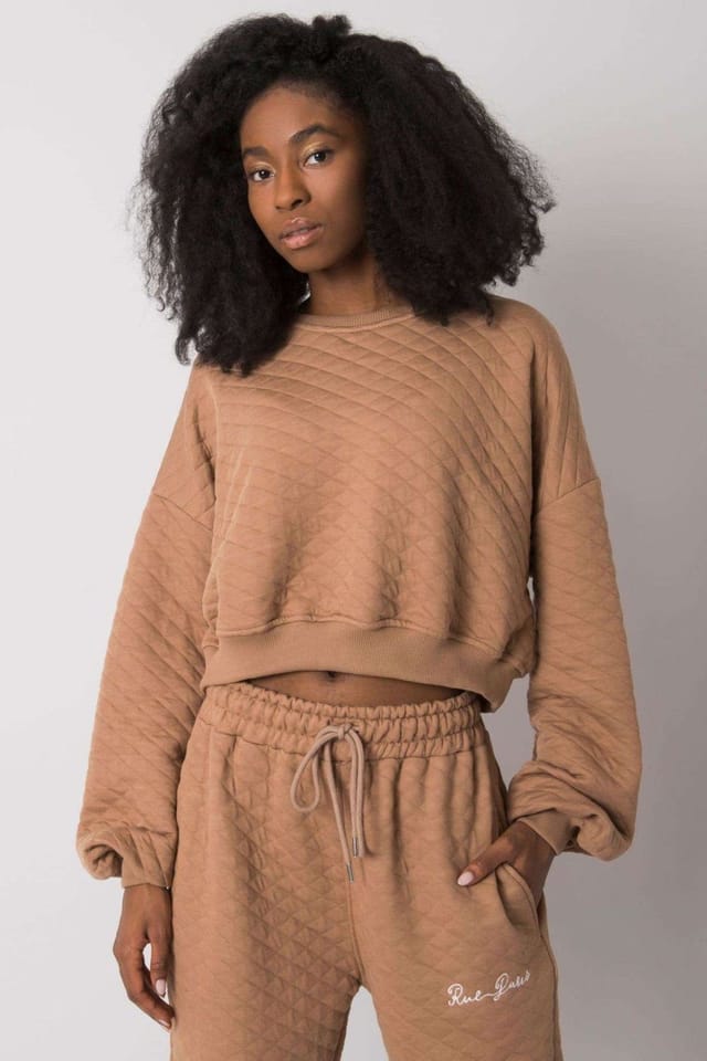 Love Lace Love Lace Women's Quilted Short Long Sleeve Sweatshirt Rib Hem in Brown - 2