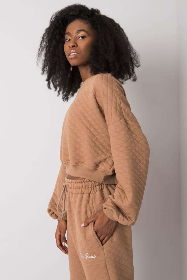 Love Lace Love Lace Women's Quilted Short Long Sleeve Sweatshirt Rib Hem in Brown - 3