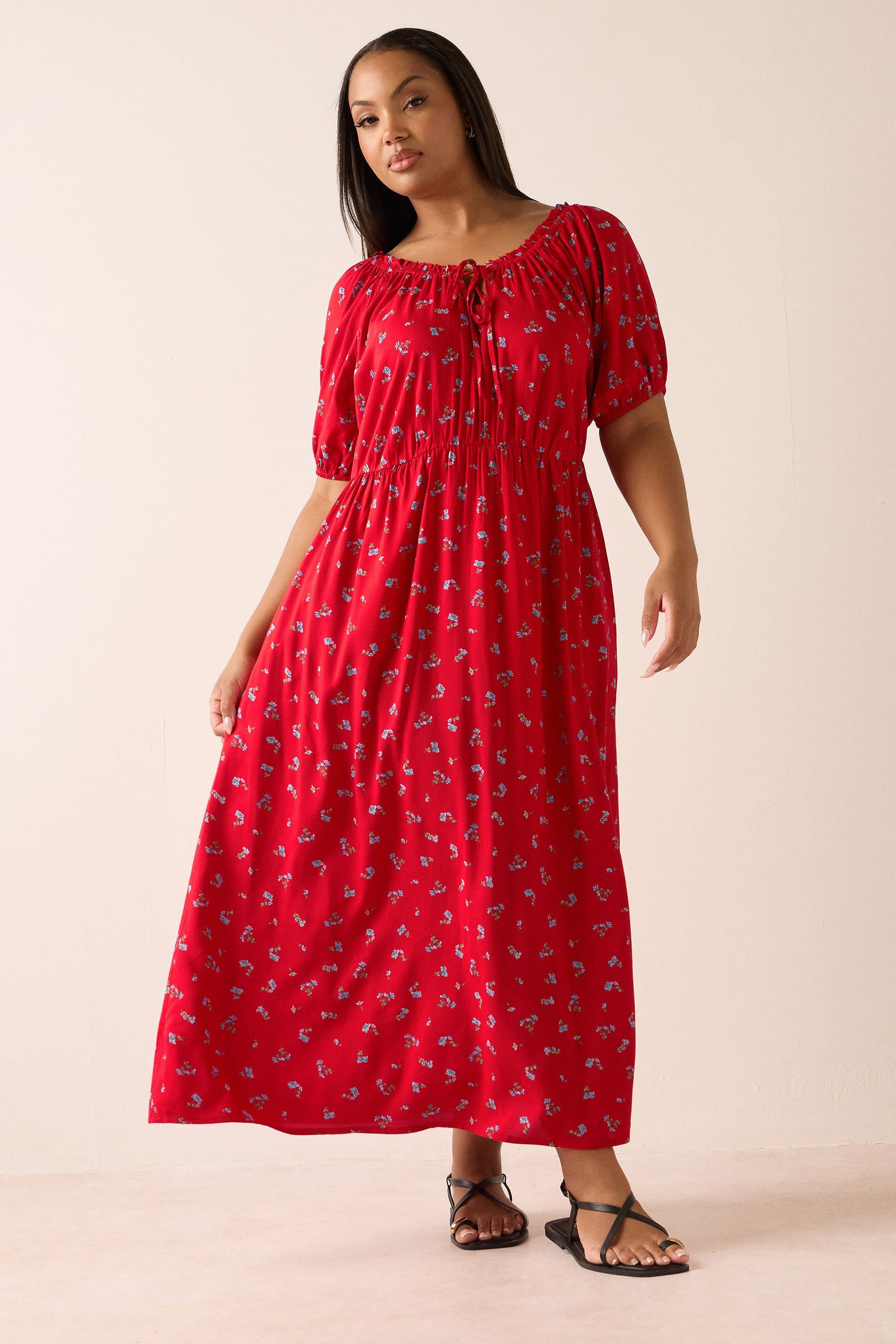 Yours Plus Size Red Ditsy Floral Tie Neck Maxi Dress