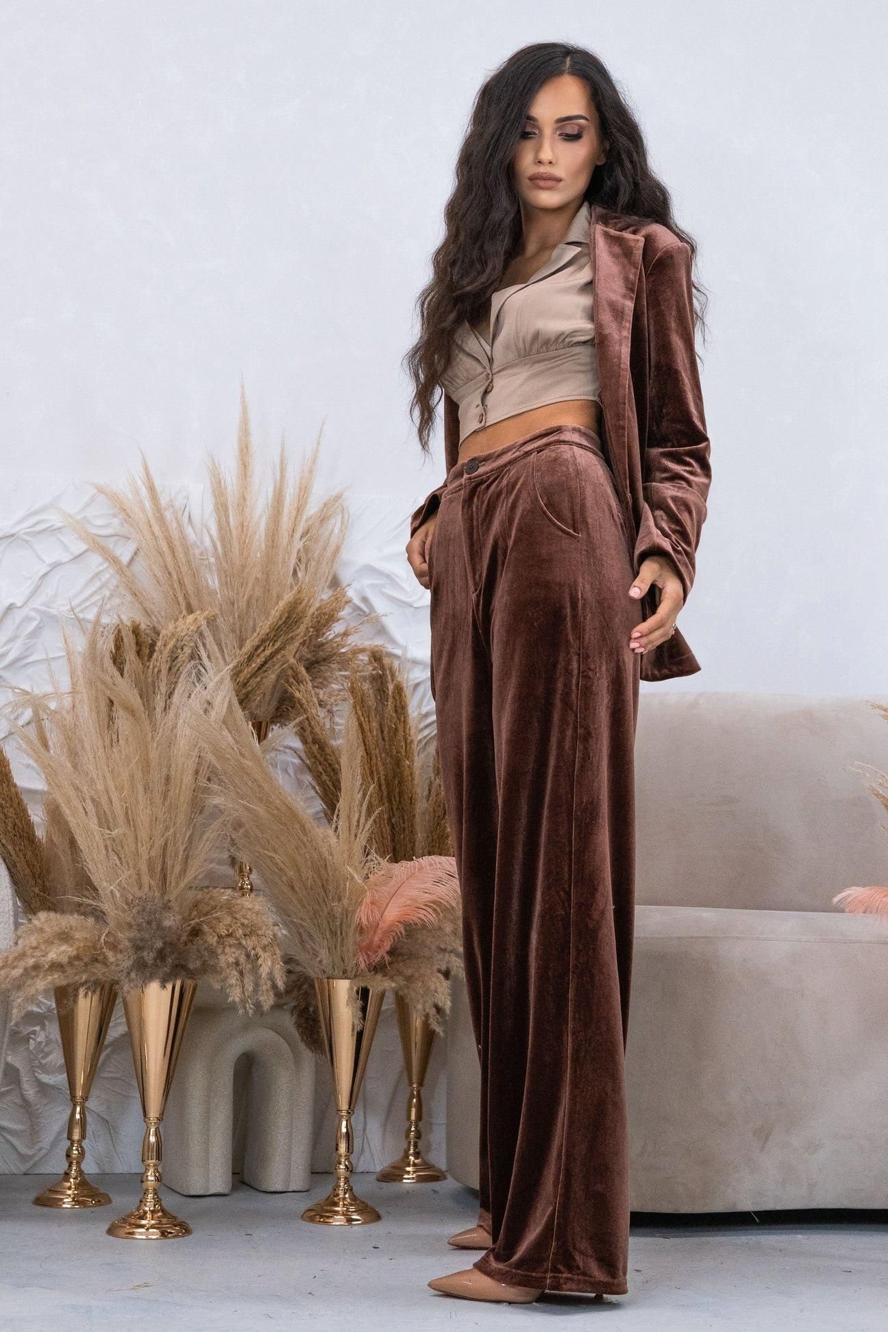 BALOU BALOU Women's High Waisted Velvet Trousers in Brown - 2