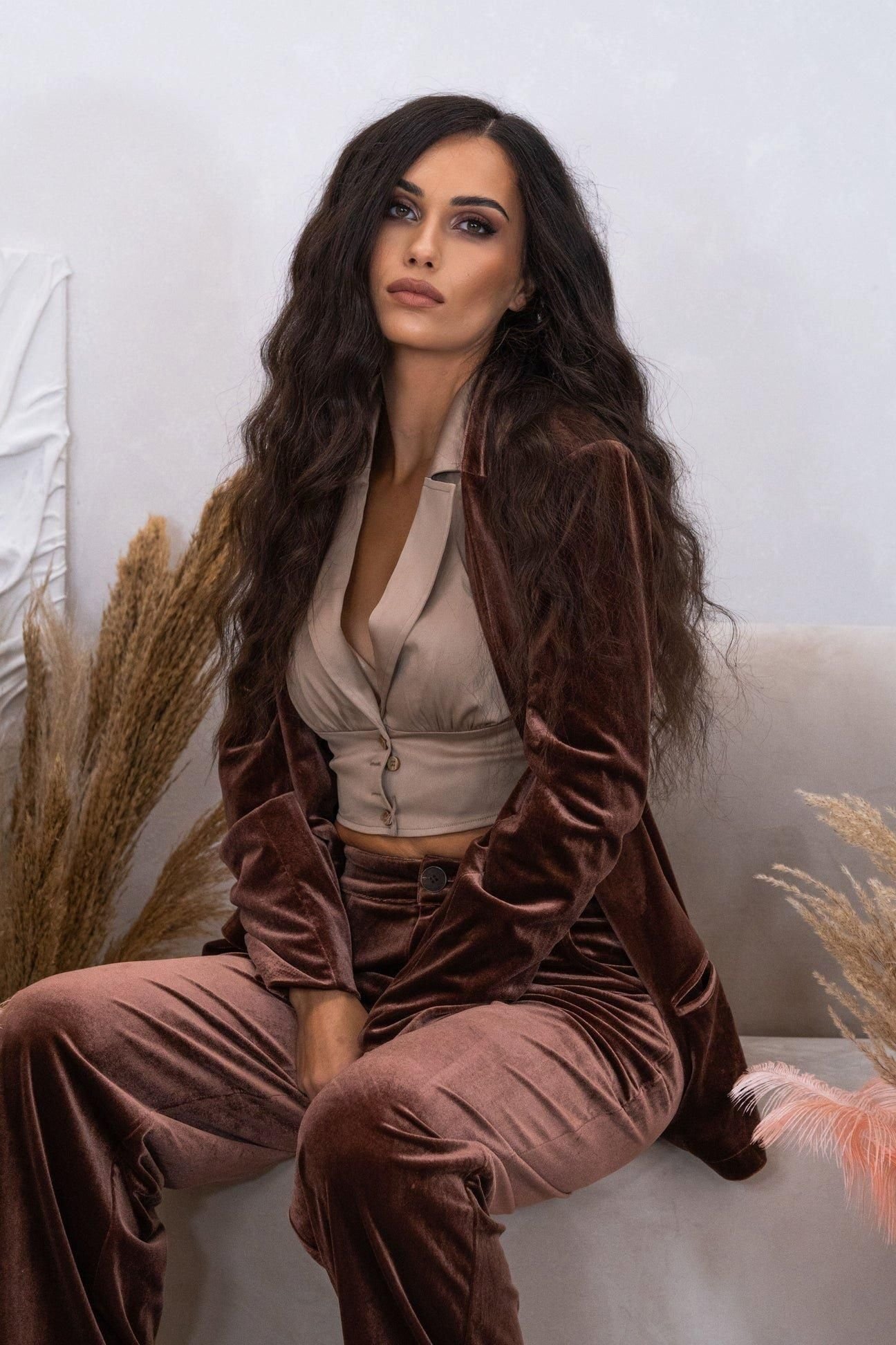 BALOU BALOU Women's High Waisted Velvet Trousers in Brown - 3