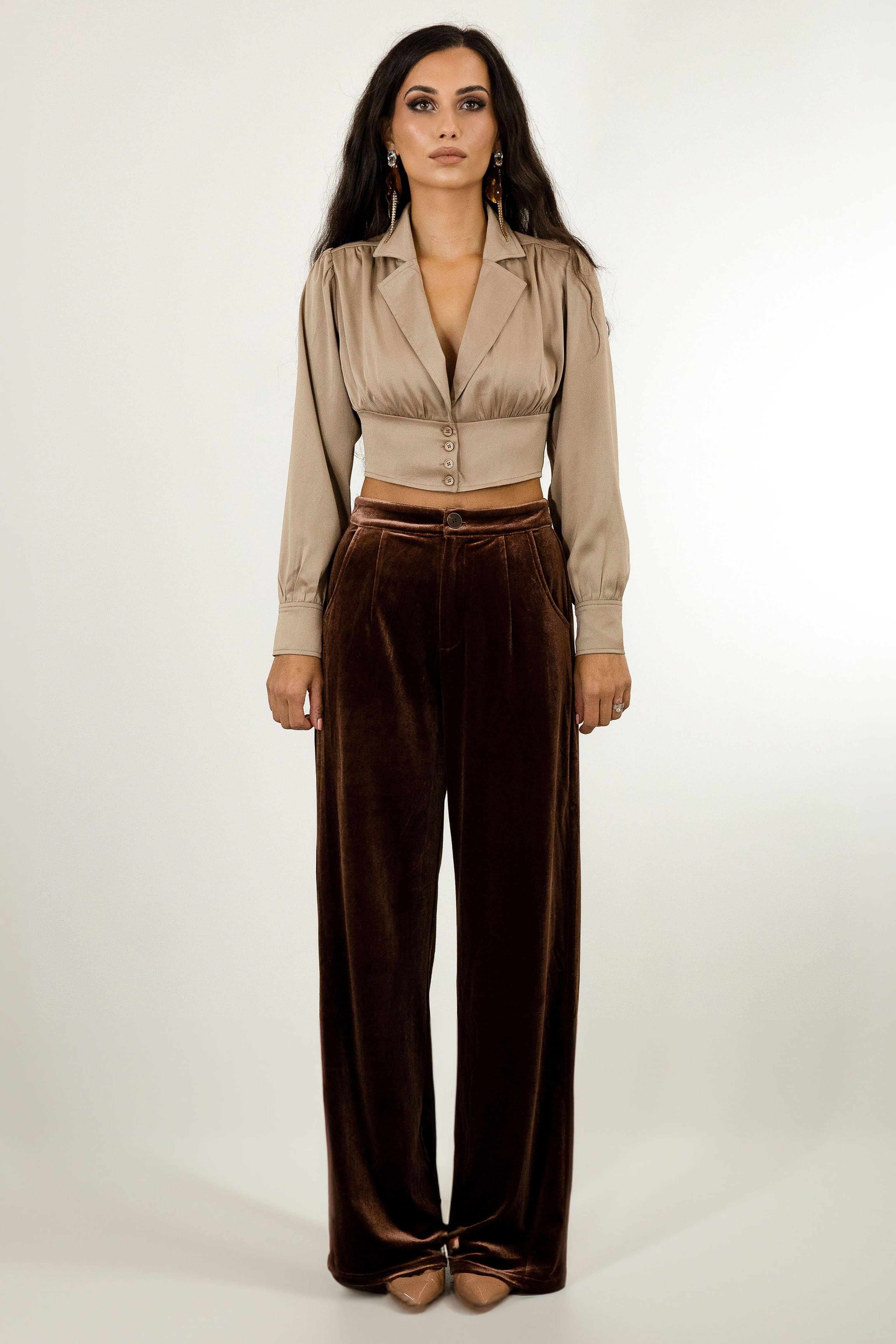 BALOU BALOU Women's High Waisted Velvet Trousers in Brown - 4