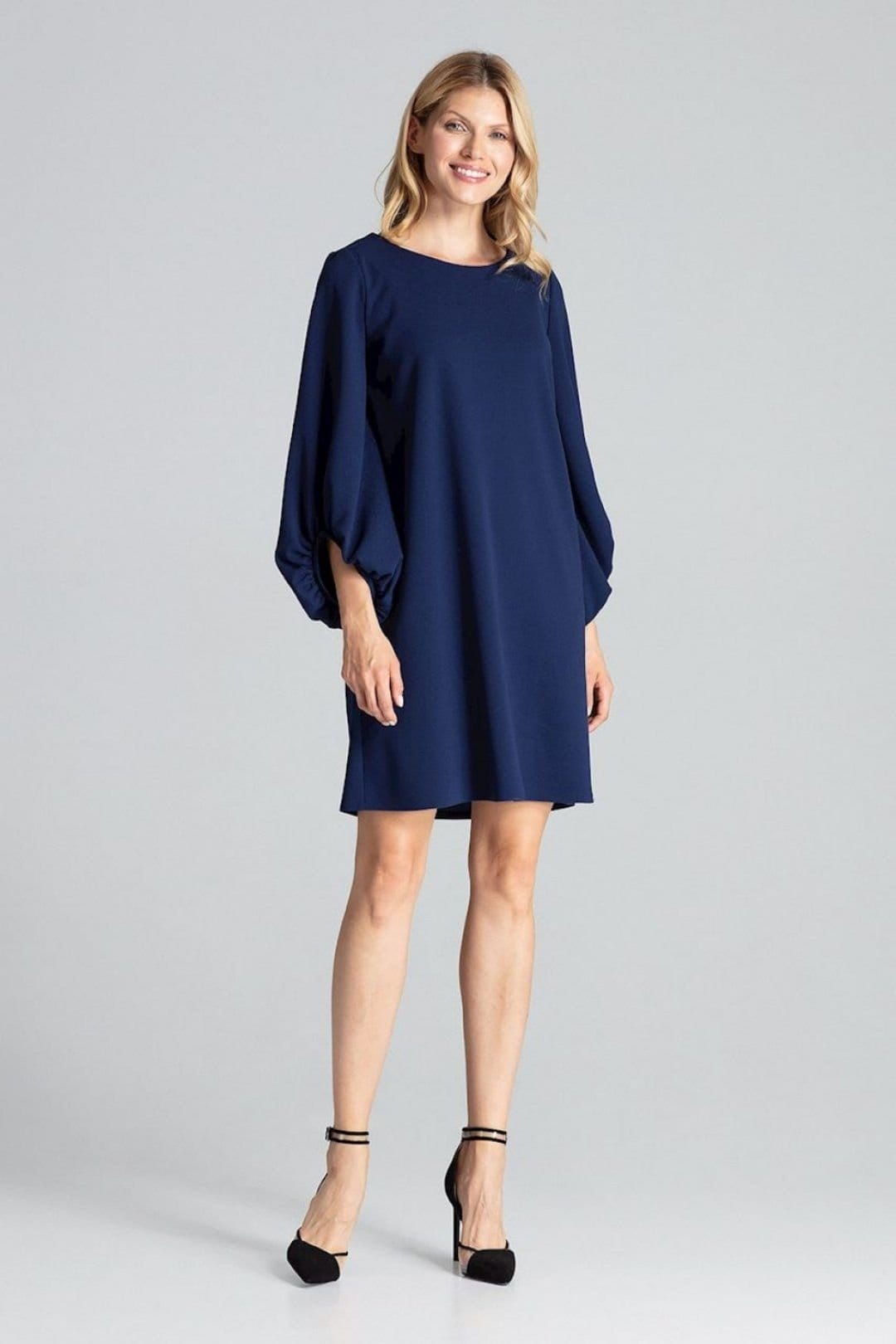 Love Lace Navy Blue Trapeze Midi Dress with Long Draped Sleeves