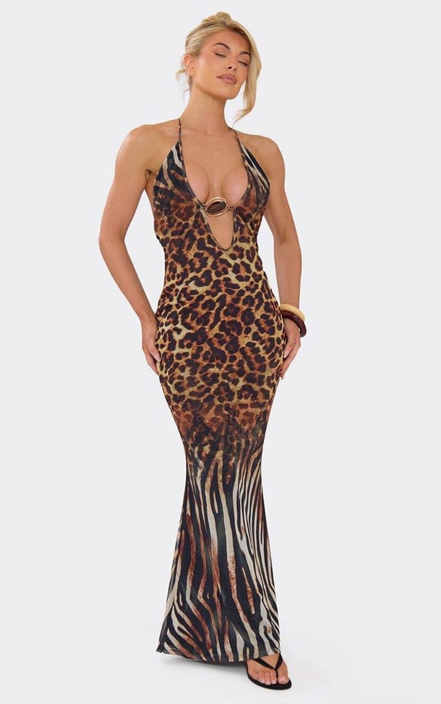 EGO Halterneck Trim Detail Maxi Dress In Multi Animal Print, Women's Size UK 6 - 2