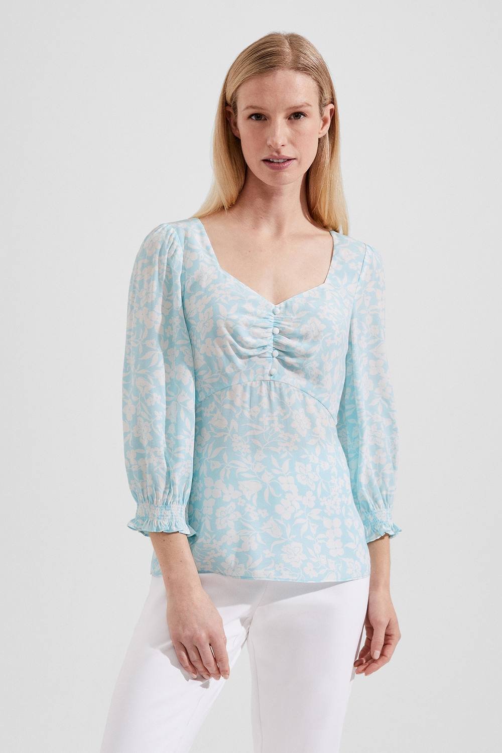 Hobbs London Hobbs London Women's Kristina Floral Button Front Top in Duck Egg Blue - 4