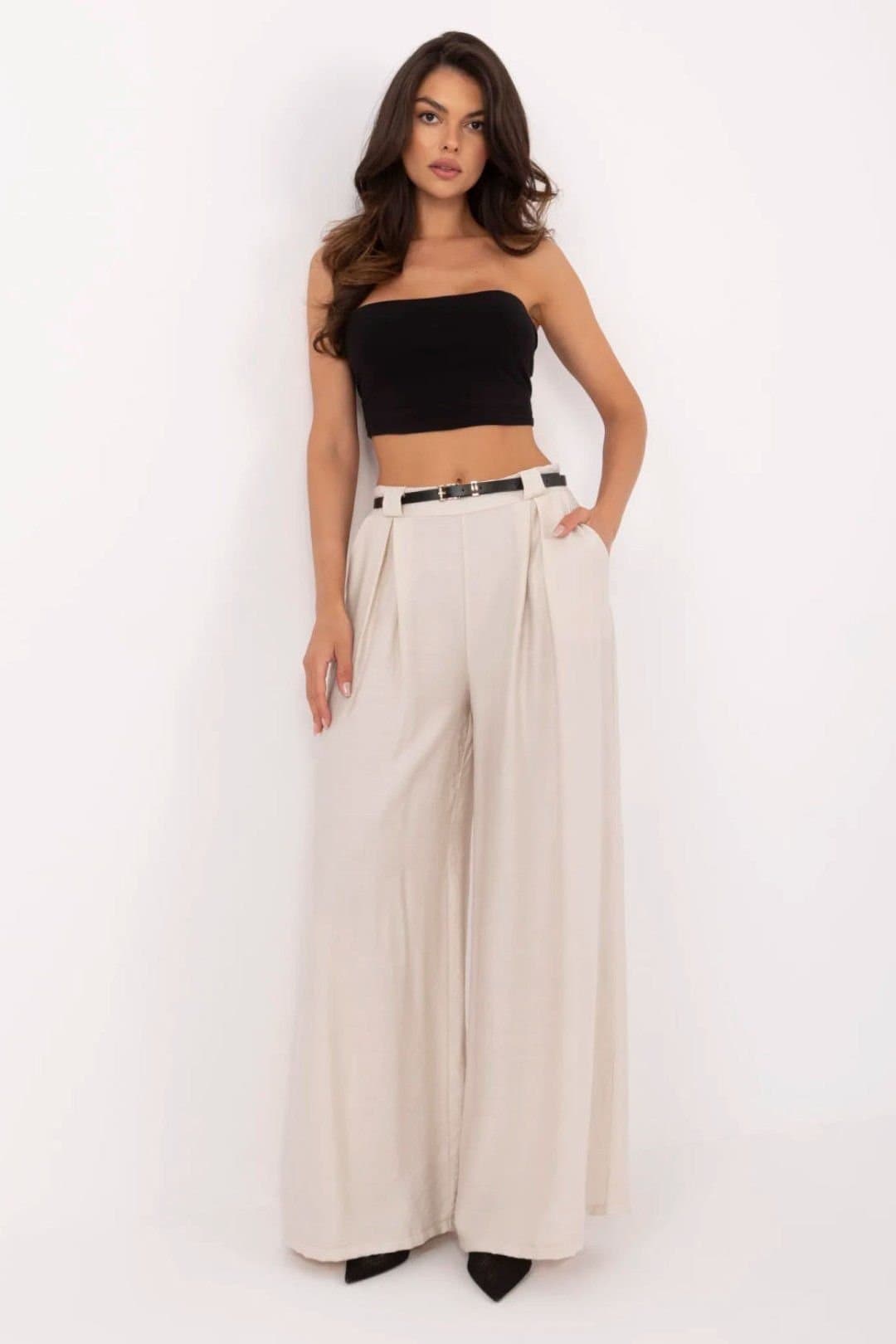 Love Lace Love Lace Beige High Waist Palazzo Trousers with Belt