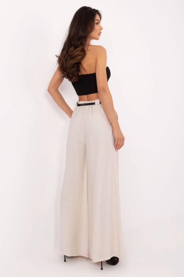 Love Lace Love Lace Women's High Waist Palazzo Trousers with Belt in Beige - 3