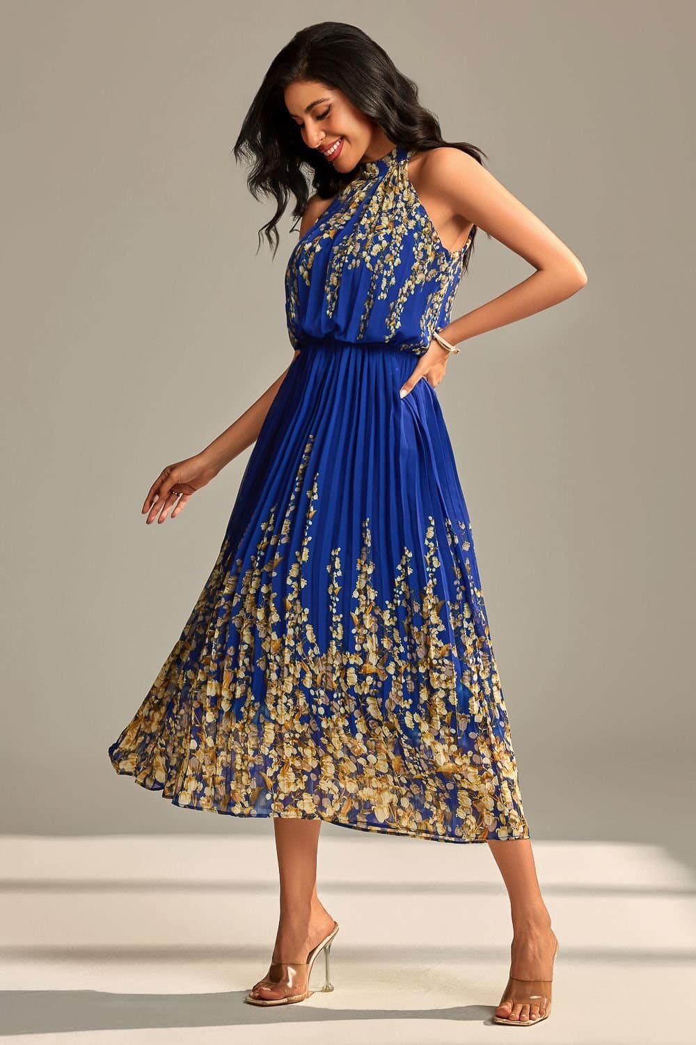 Jolie Moi Jolie Moi Women's Mirrored Chiffon Pleated Halter Neck Max in Blue