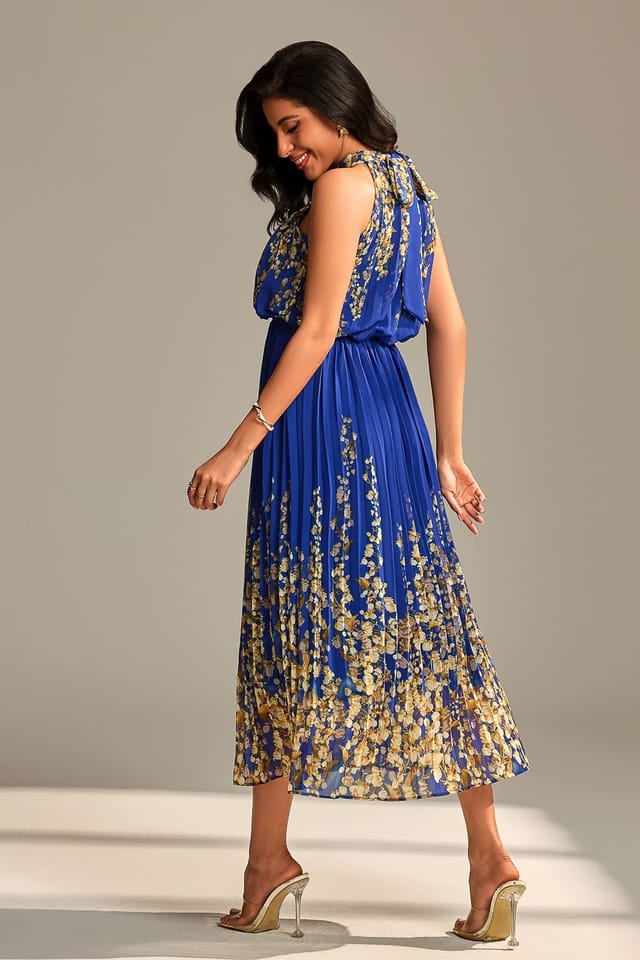 Jolie Moi Jolie Moi Women's Mirrored Chiffon Pleated Halter Neck Max in Blue - 2