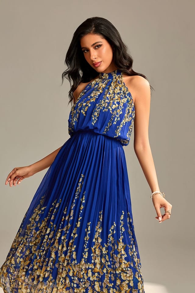 Jolie Moi Jolie Moi Women's Mirrored Chiffon Pleated Halter Neck Max in Blue - 3