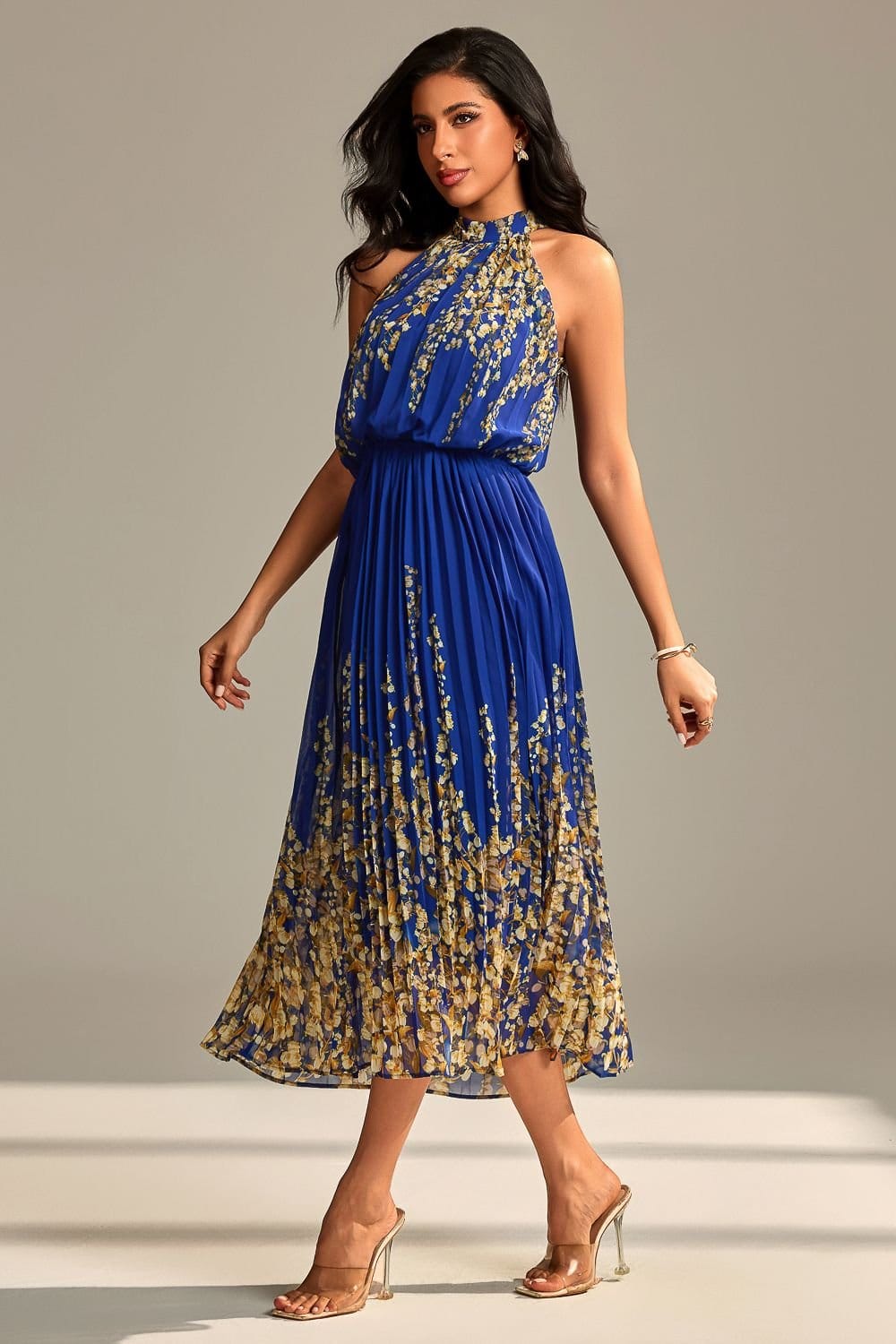 Jolie Moi Jolie Moi Women's Mirrored Chiffon Pleated Halter Neck Max in Blue - 4