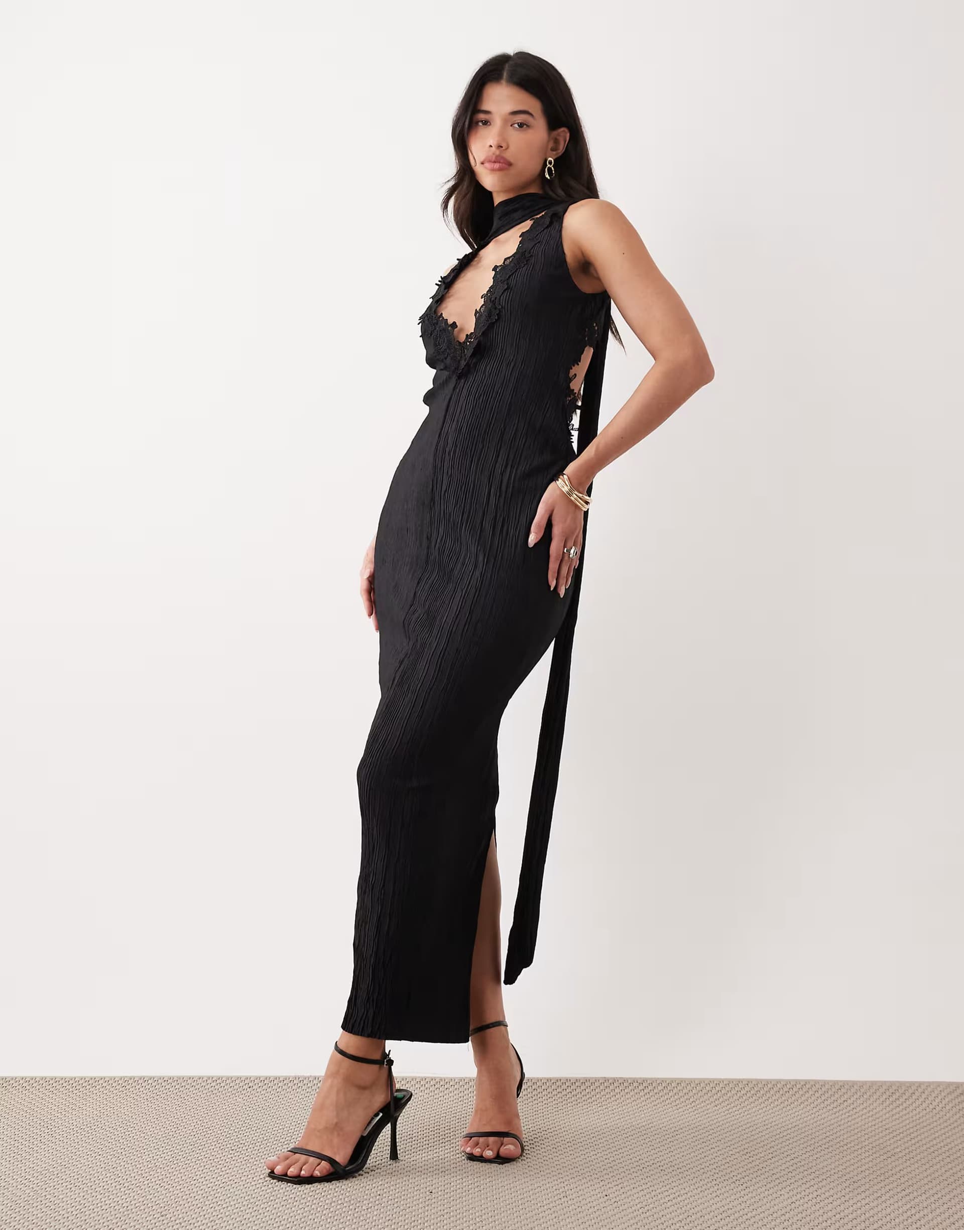 ASOS ASOS DESIGN plisse plunge neck midi dress with scarf detail and lace trim in black