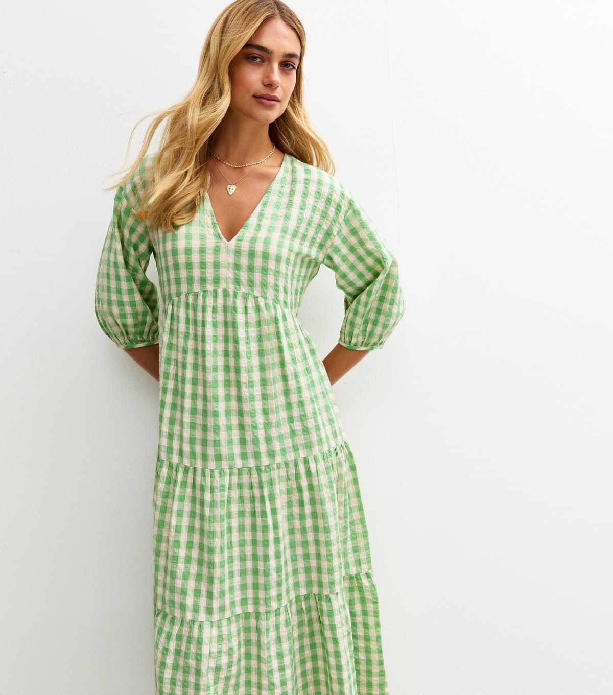 New Look Women's Green Gingham Check Smock Midi Dress New Look