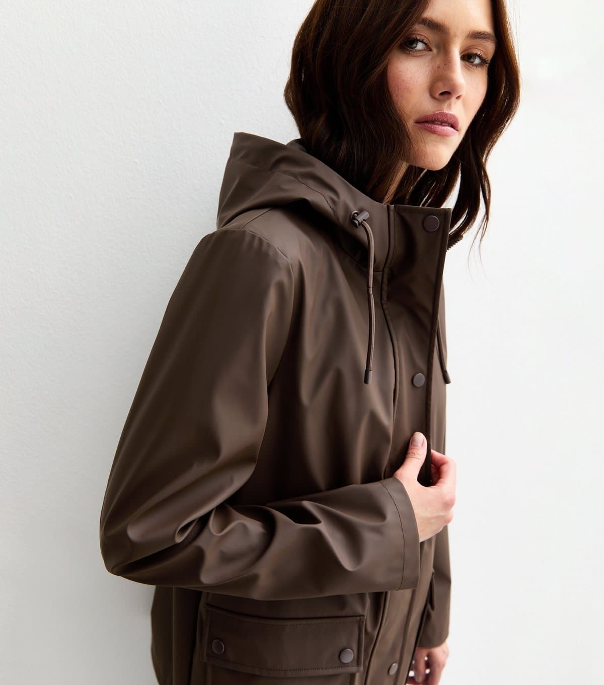 New Look Women's Dark Brown Water Resistant Drawstring Hood Rain Anorak New Look