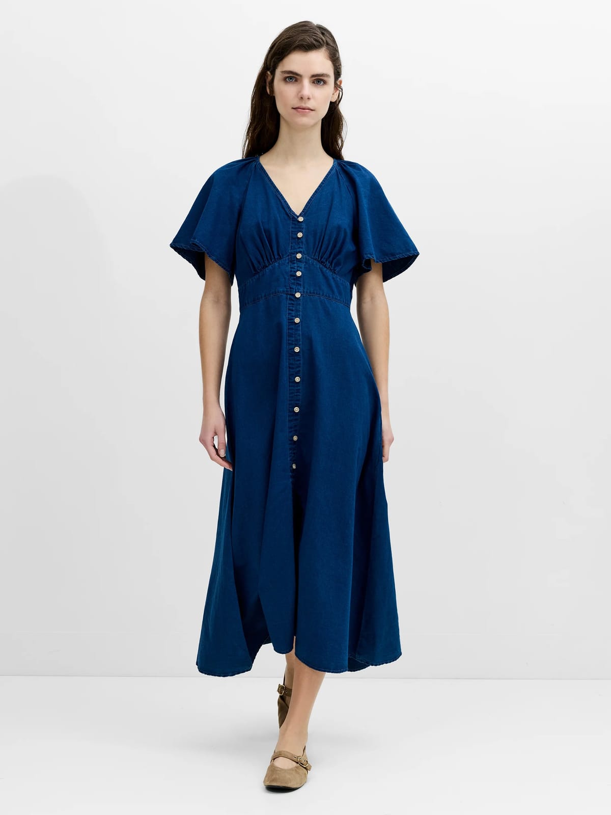 French Connection Zaves Chambray Navy Blue Flutter Sleeve Midi Dress Mid Wash Blue - 1