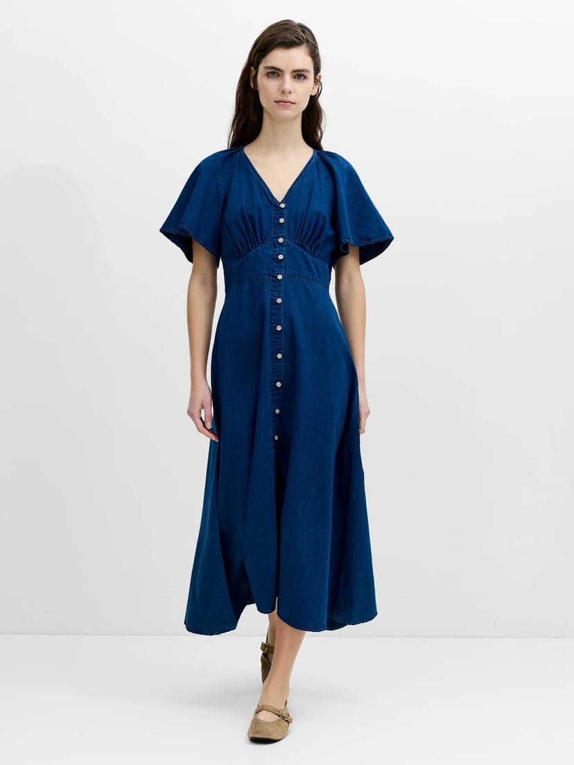 French Connection Zaves Chambray Navy Blue Flutter Sleeve Midi Dress Mid Wash Blue - 1