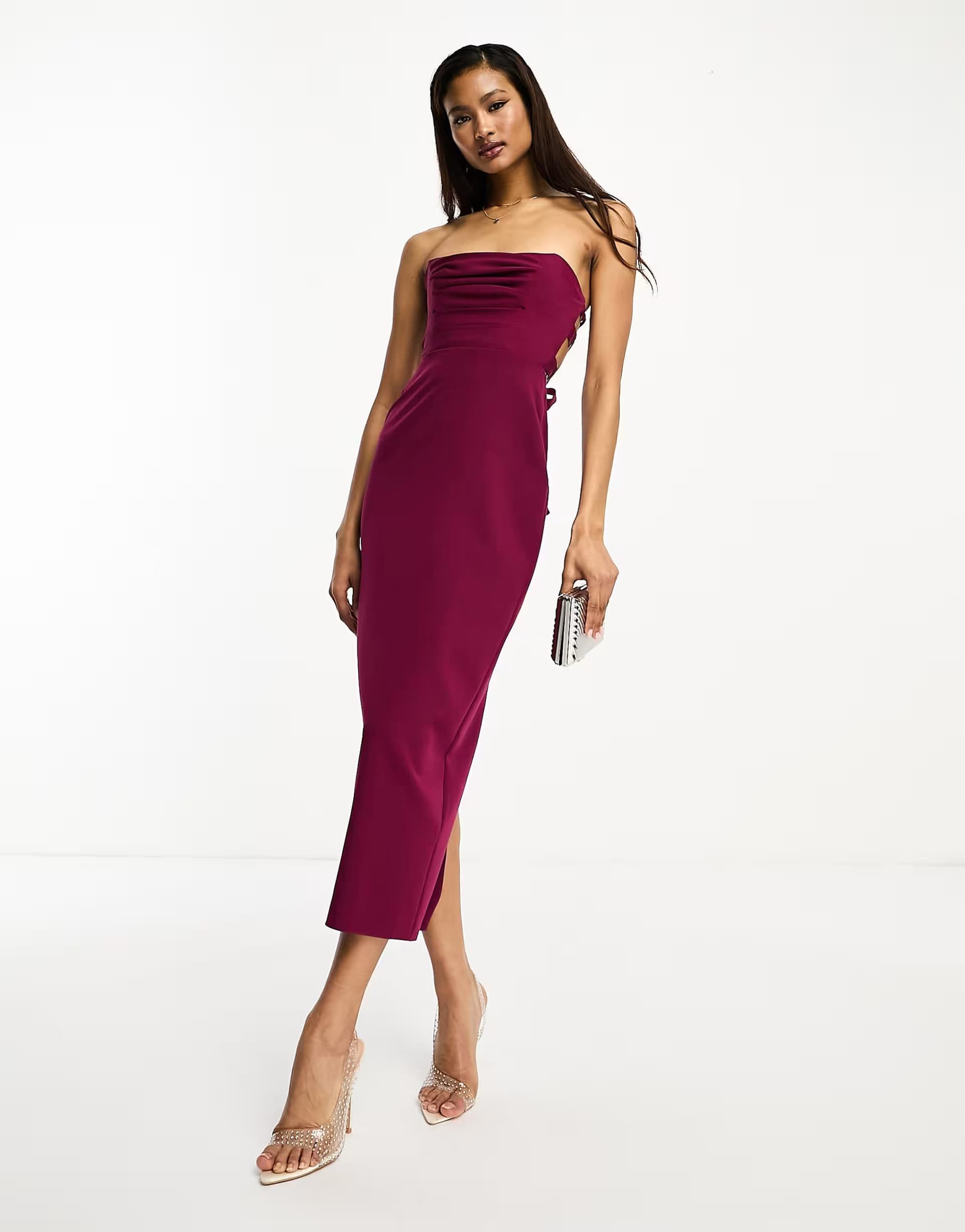 ASOS ASOS DESIGN pleat bandeau midi dress with lace up back detail in purple