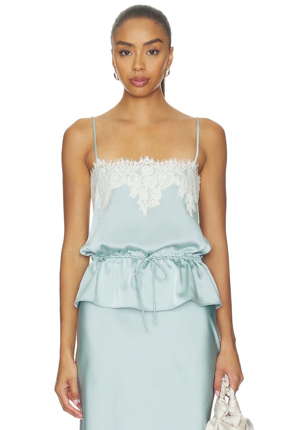 revolve Revolve Blue Haze Satin Lace-Trim Cami Top