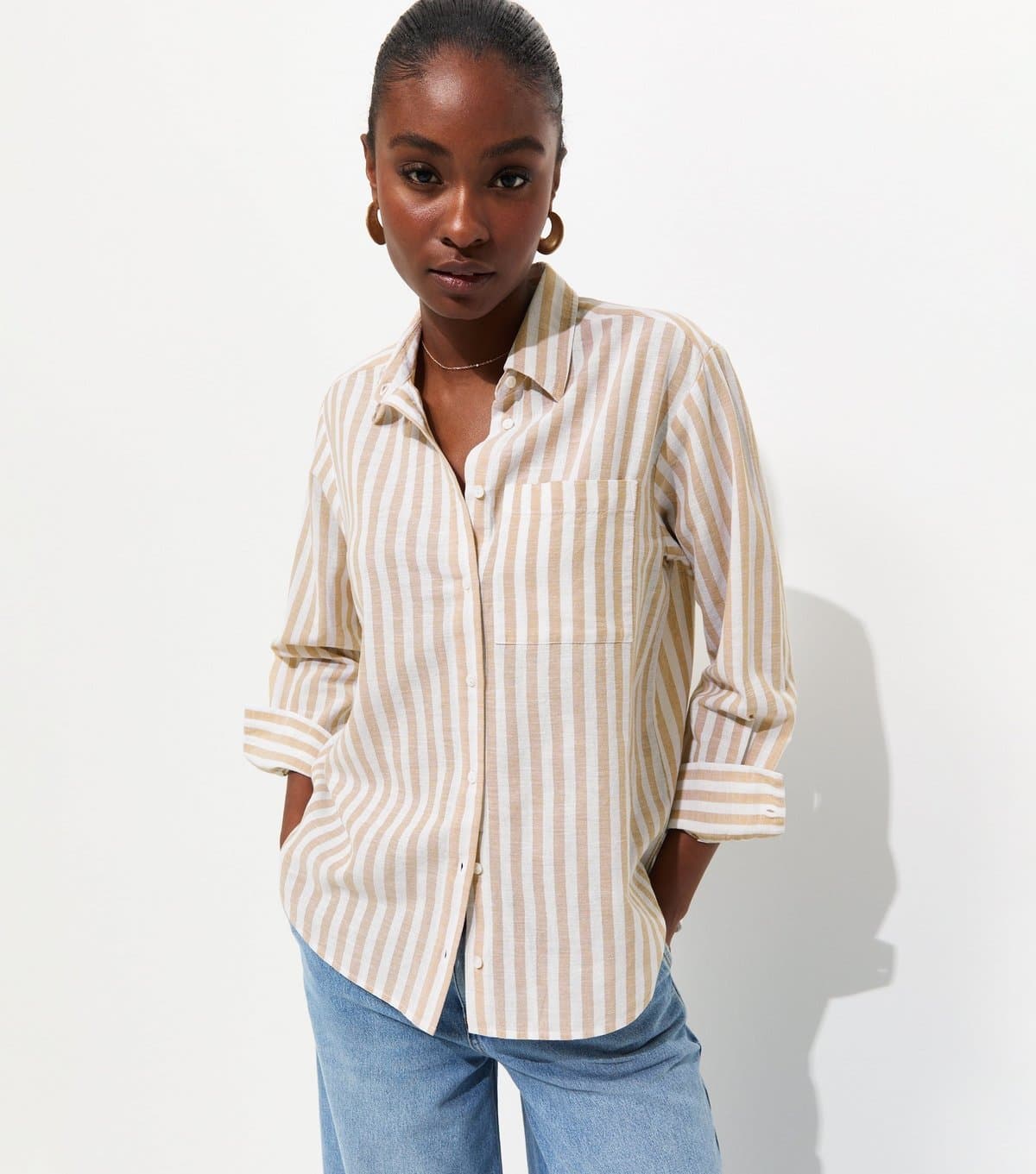 New Look Women's Brown Cotton Linen Striped Long Sleeve Shirt New Look