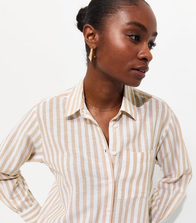New Look Women's Brown Cotton Linen Striped Long Sleeve Shirt New Look - 2