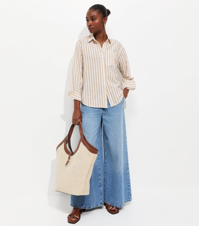 New Look Women's Brown Cotton Linen Striped Long Sleeve Shirt New Look - 3