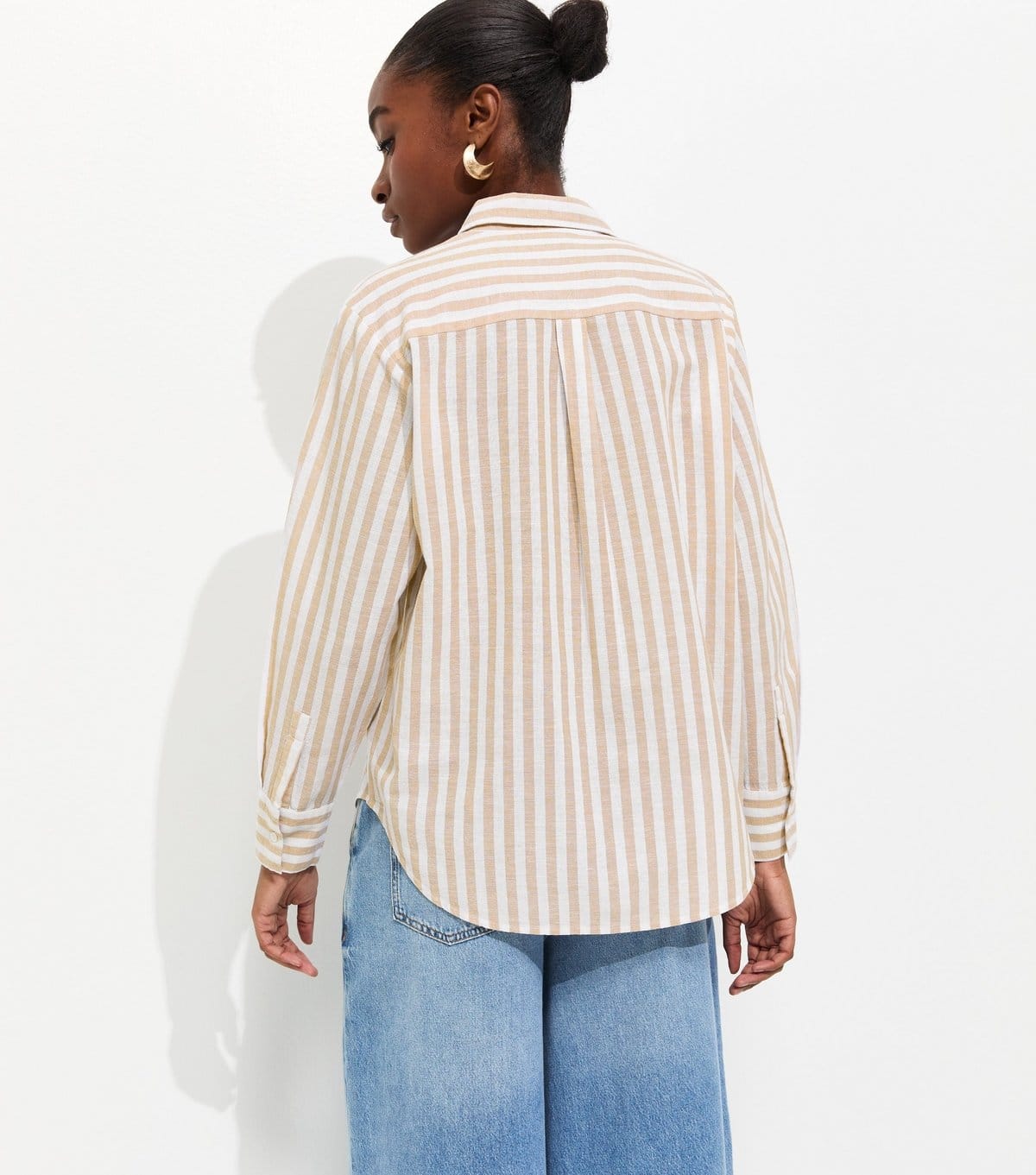New Look Women's Brown Cotton Linen Striped Long Sleeve Shirt New Look - 4