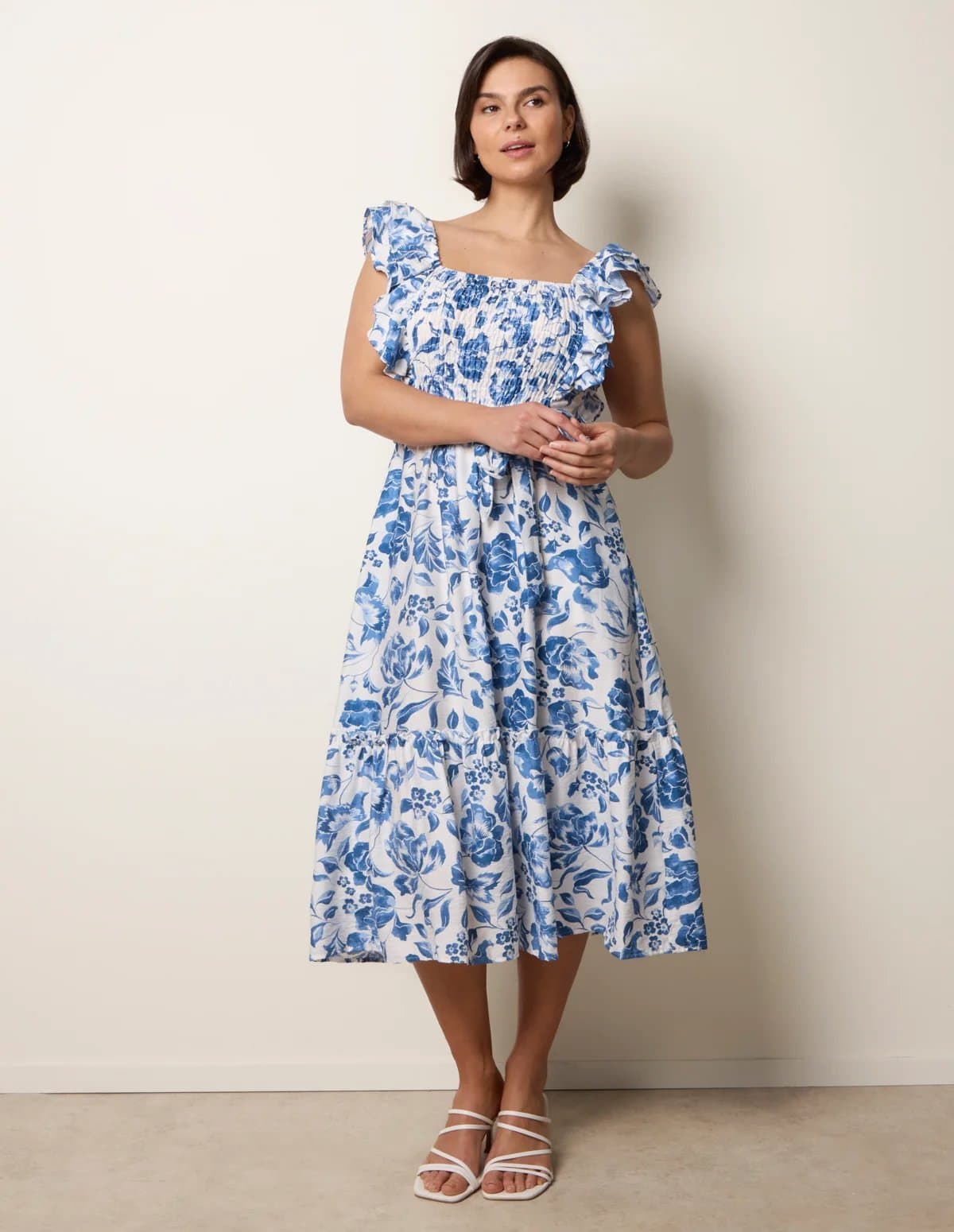Blue Vanilla Frill Sleeveless Dress With Floral Print