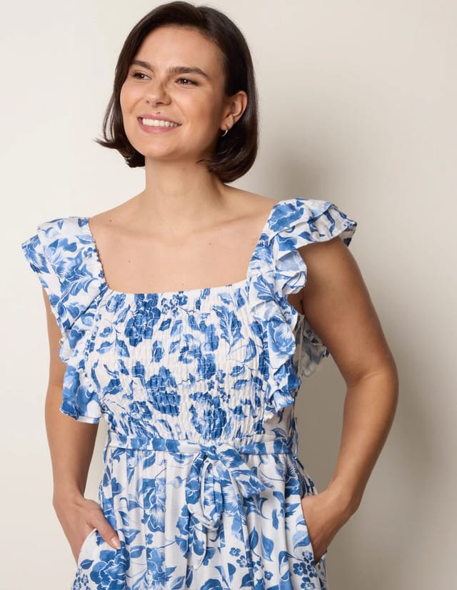 Blue Vanilla Frill Sleeveless Dress With Floral Print - 2