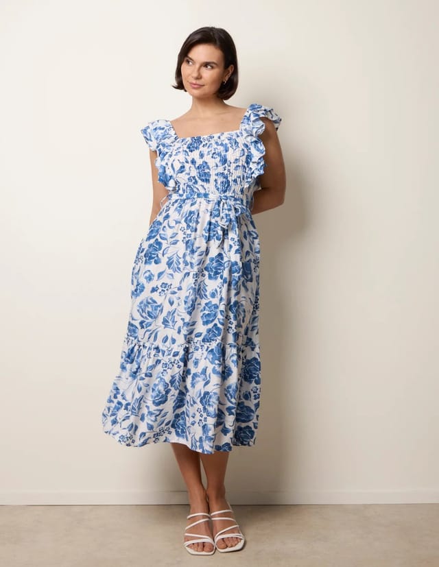 Blue Vanilla Frill Sleeveless Dress With Floral Print - 3