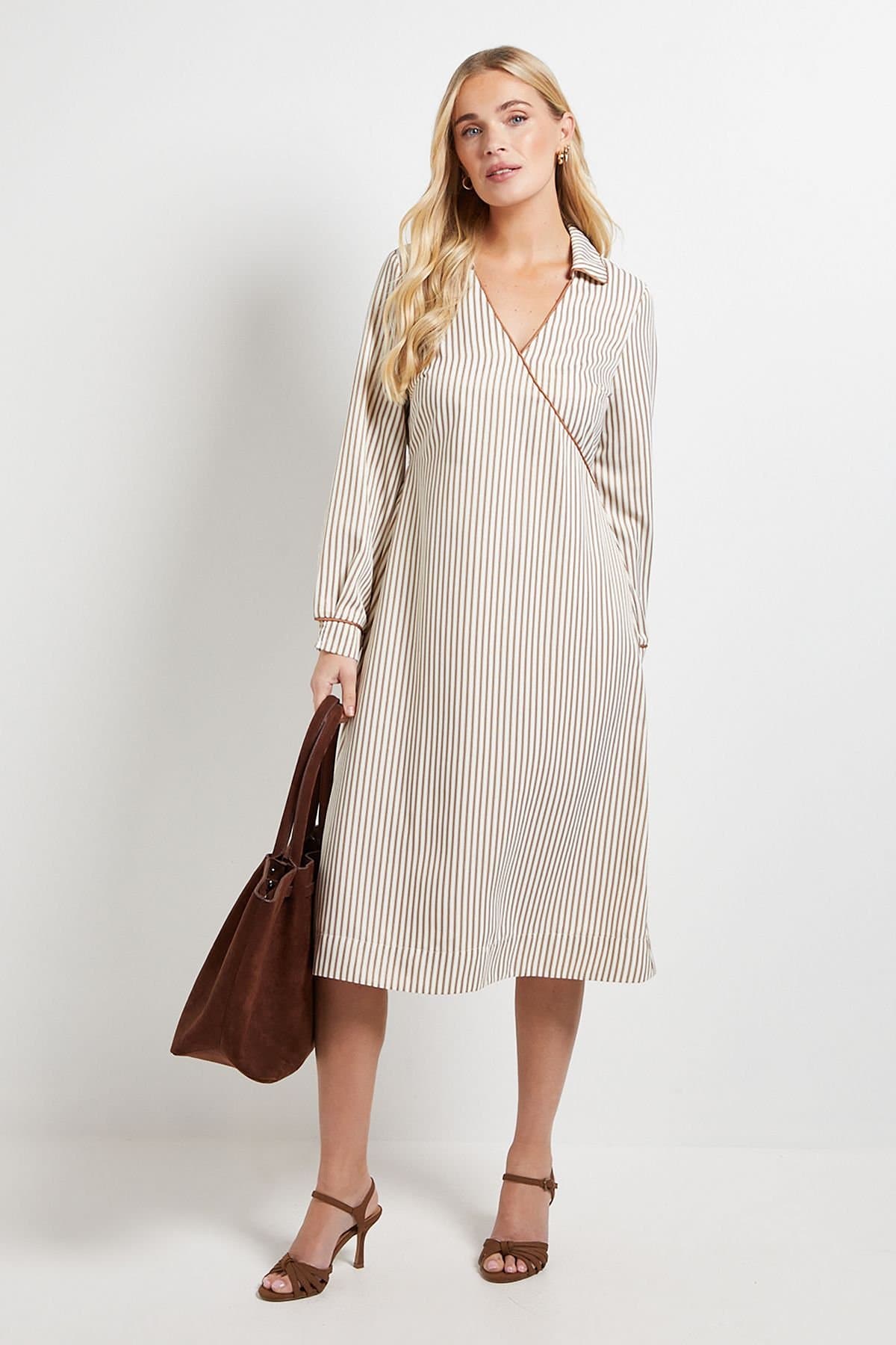 Wallis Wallis Women's Petite Stripe Contrast Detail Shirt Dress in Stone