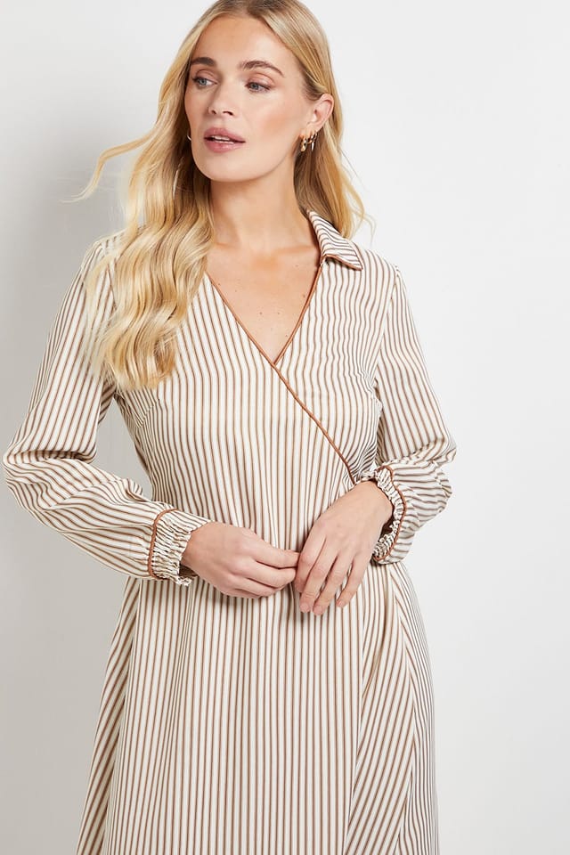 Wallis Wallis Women's Petite Stripe Contrast Detail Shirt Dress in Stone - 2