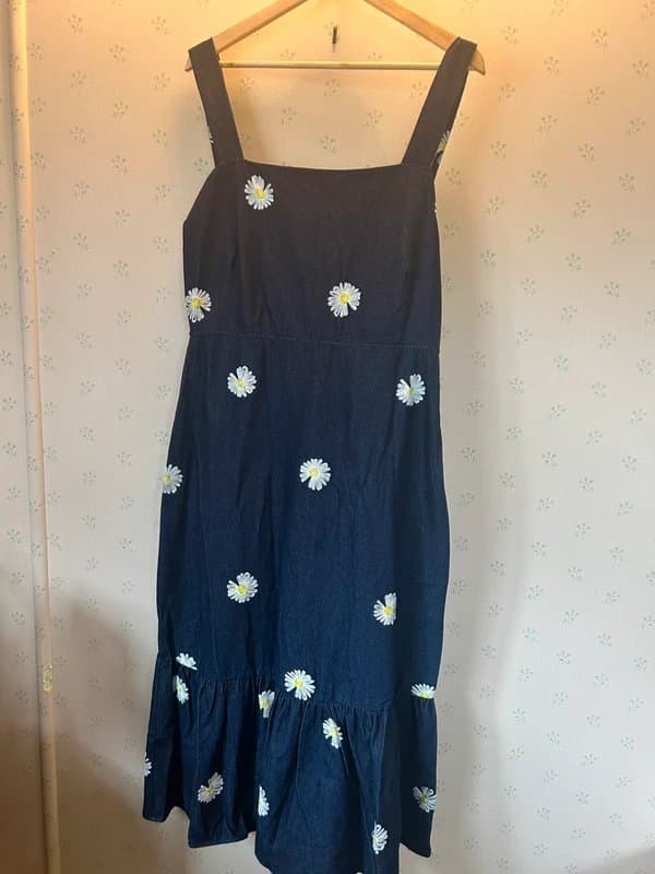 Never Fully Dressed Never fully dressed size 16 dark denim midi dress with bow & white embroidered flowers
