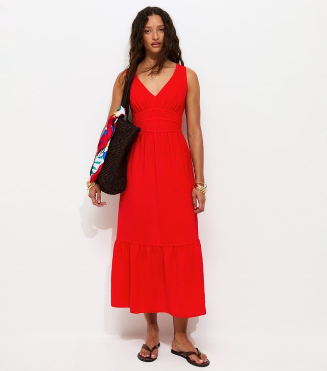 New Look Women's Bright Red Ruched Waist V-Neck Midi Dress New Look - 2