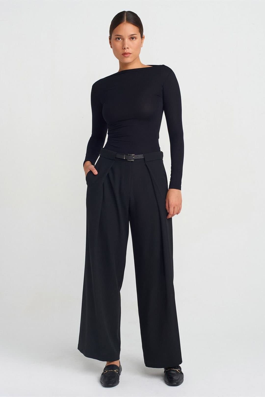 Dilvin Dilvin Women's Wide-Leg Crepe Trousers With Belt in Black