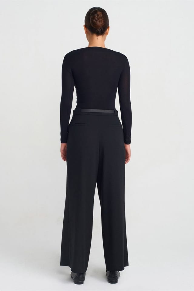 Dilvin Dilvin Women's Wide-Leg Crepe Trousers With Belt in Black - 2