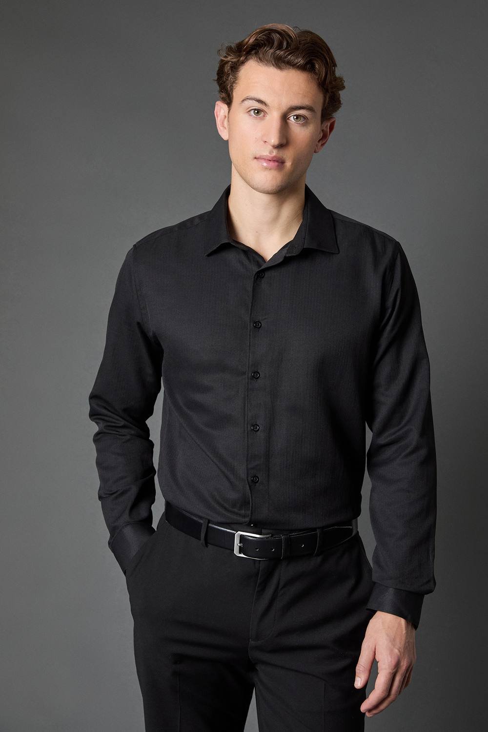 Burton Burton Men's Tailored Fit Herringbone Weave Long Sleeve Shirt in Black - 4